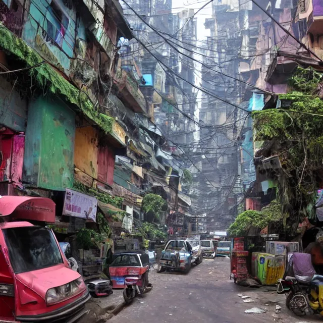 Image similar to streets of mumbai, 2 0 7 0, cyberpunk, mossy buildings, high fidelity, uncompressed png, indian caravans