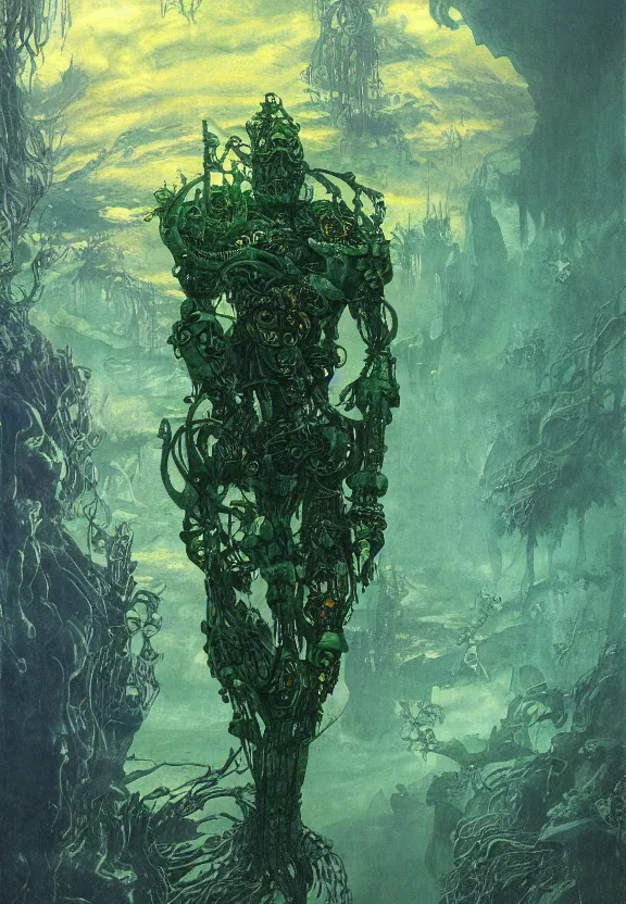 Prompt: ( underwater ) portrait of a glowing cyborg leshy, cinematic light, looking to the side off camera, backlight glow, green gold, mist, by mikhail vrubel, by philippe druillet, by peter elson, by gerald brom, muted colors, extreme detail, trending on artstation, 8 k