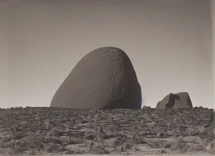 Prompt: Distant view of a huge inselberg carved by the wind and sand, towering over sparse desert vegetation, rocks and boulder, albumen silver print, Smithsonian American Art Museum