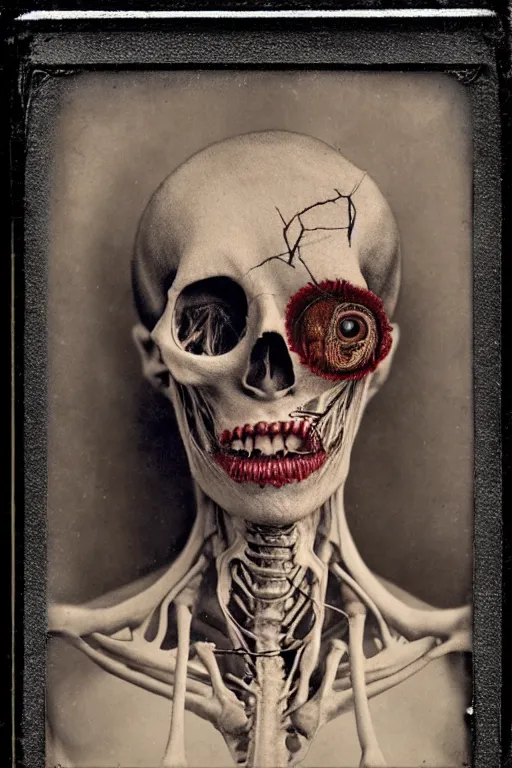 Image similar to an 1 9 1 0 polaroid photography of a very sad and detailed rotten woman corpse with fractal ornate growing around her face muscles, veins, arteries, bones, anatomical, skull, eye, ears, full body, intricate, surreal, ray caesar, john constable, guy denning, dan hillier, black and white