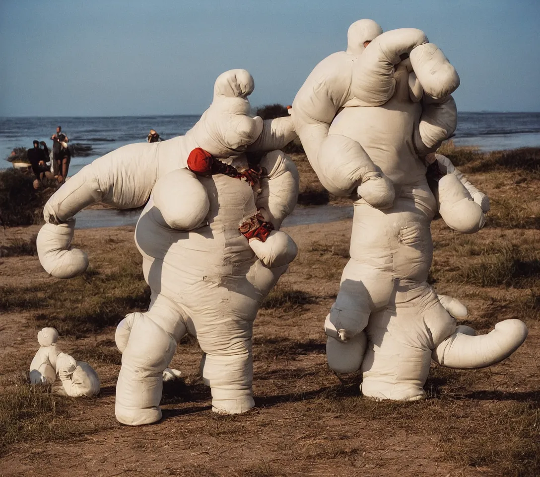 Image similar to a 3 5 mm photography, kodachrome colour of grandpas fighting with white michelin man costume, hippos and alien plants around, beach and sunset backlight, photos taken by martin parr with strong flash on camera