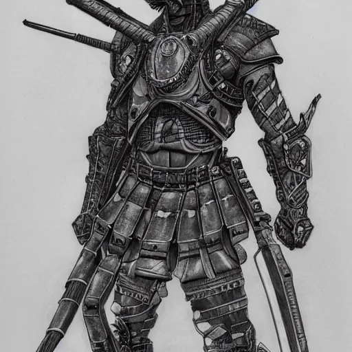 Image similar to japanese futuristic warrior with many scars, high detail, hyperdetailed, hard ink, no pencils, full body drawing