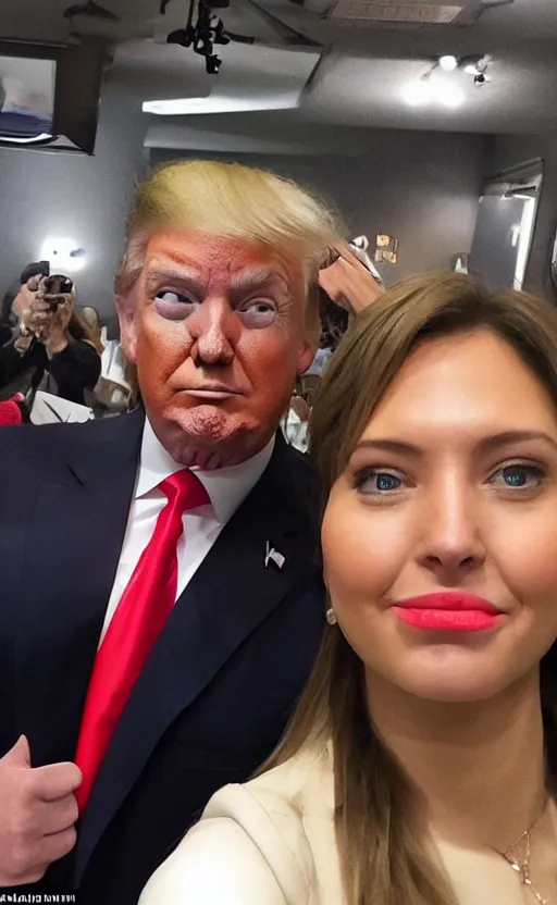 Prompt: img _ 1 1 5 2. jpg. trump selfie. candid, confused, looking at camera, snapchat, instagram, hashtags, front camera, tiktok, popular, realistic, real life