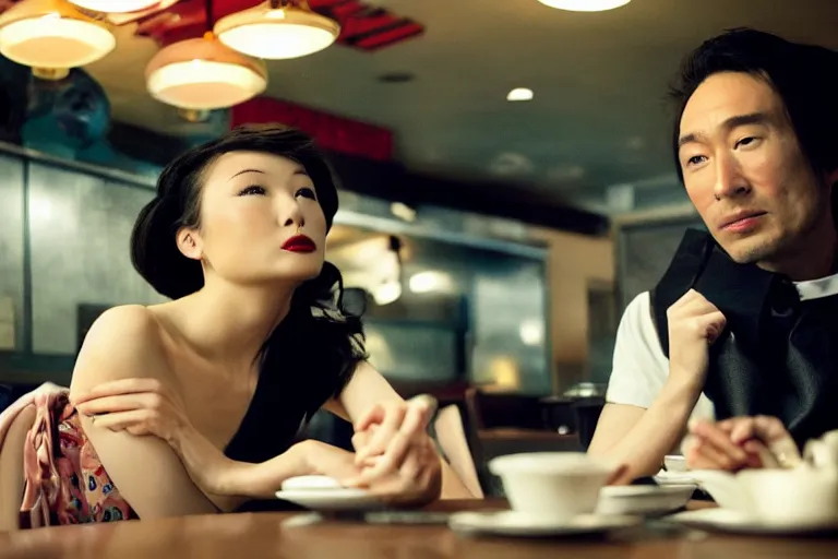 Image similar to movie interior closeup beautiful Japanese model couple closeup sitting and talking at 50s diner, night in the city, beautiful skin, by Emmanuel Lubezki