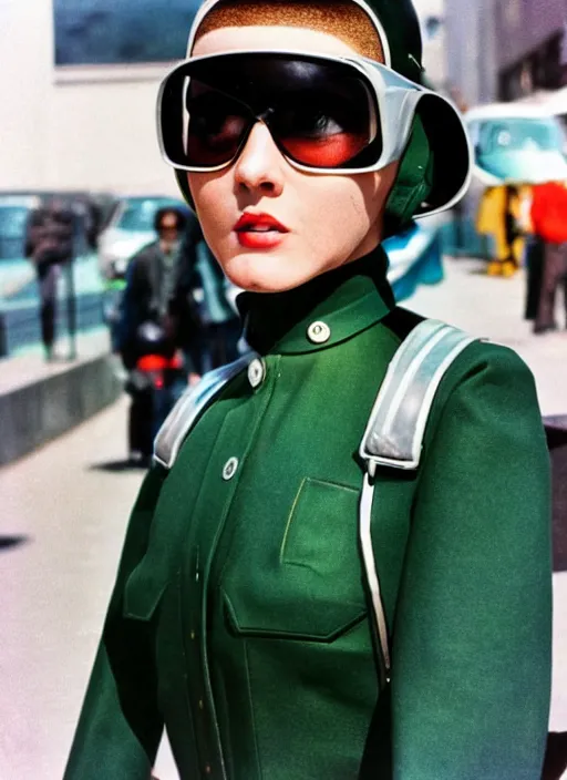 Prompt: ektachrome, 3 5 mm, highly detailed : incredibly realistic, perfect features, buzz cut, beautiful three point perspective extreme closeup 3 / 4 portrait photo in style of 1 9 7 0 s frontiers in flight suit cosplay paris seinen manga street photography vogue fashion edition