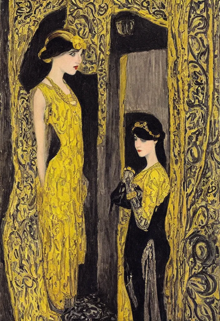 Prompt: a young woman looks deeply into the viewer, 1920's london street, art nouveau, extravagant fashion, intricate yellow dress with gold trims, lacey, dark streets, grungy, style of and Gustav Klimpt, color painterly