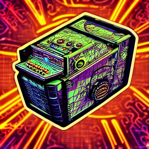 Prompt: sticker of a rock band, name is tripmachine, on the sticker is a 3 d render of a huge futuristic steampunk power generator, 8 k, fluorescent colors, halluzinogenic, multicolored, exaggerated detailed, silk screen art