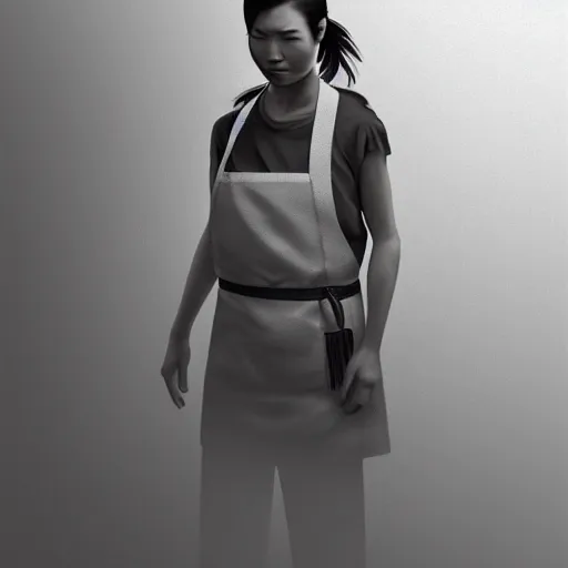 Image similar to portrait of a short muscular Japanese woman with a short ponytail wearing a gray t shirt and a work apron, dramatic lighting, illustration by Greg rutkowski, yoji shinkawa, 4k, digital art, concept art, trending on artstation