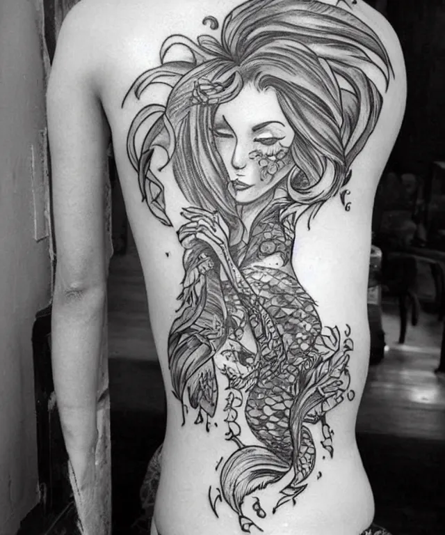 Prompt: black and white tattoo, beautiful mermaid, full body