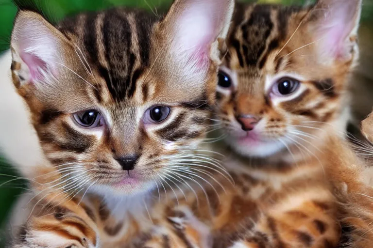 Image similar to bengal kittens that are in a tree and the kittens are looking directly into the camera