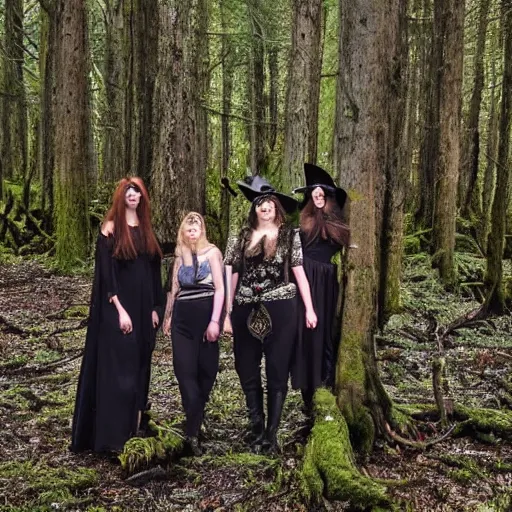 Prompt: witches posing together in an ancient forest, photo by Gertrude kasebian