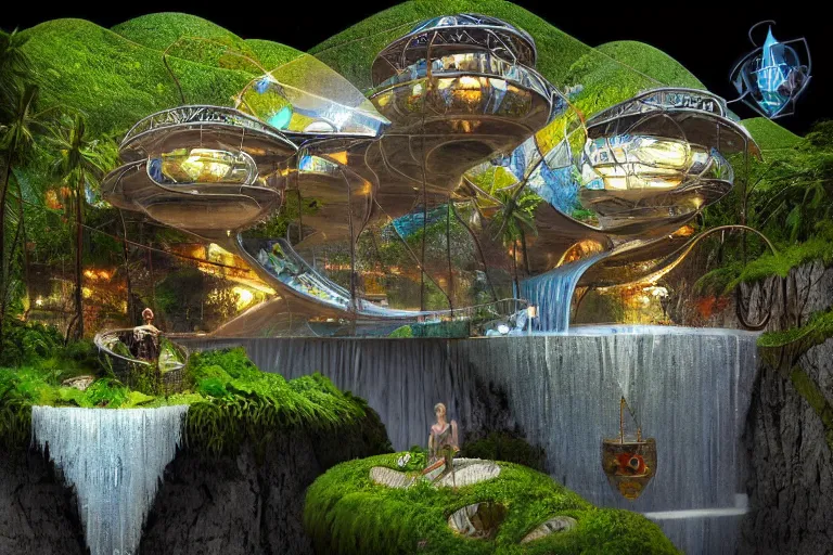 Image similar to favela bunker spaceship coaster hive, art nouveau waterfall environment, industrial factory, whimsical, award winning art, epic dreamlike fantasy landscape, ultra realistic,