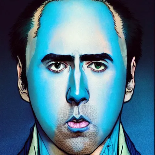 Prompt: prompt : blue nicolas cage illustration portrait soft light painted by james jean and katsuhiro otomo and erik jones, inspired by evangeleon anime, smooth face feature, intricate oil painting, high detail illustration, sharp high detail, manga and anime 1 9 9 9