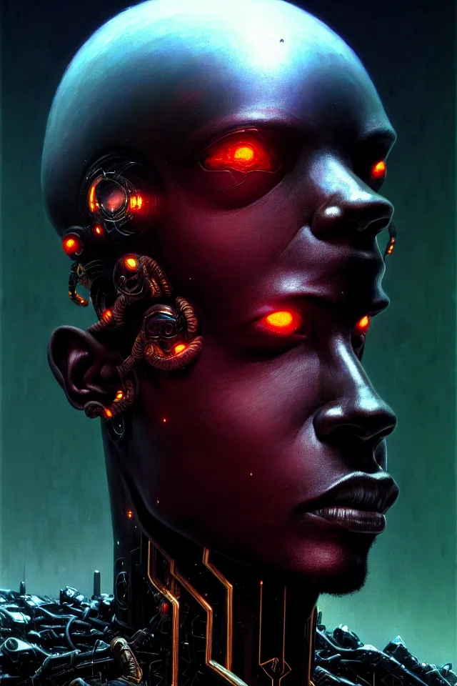 Image similar to a striking portrait of a black cyborg god king by moebius and hr gigerr and beksinski, trending on artstation, digital art, 4 k resolution, detailed, high quality, sharp focus, hq artwork, insane detail, cinematic, volumetric lighting, character concept art, fine details, clear face