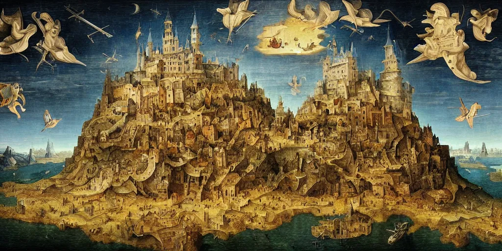 Prompt: laputa : castle in the sky in the style of heironymus bosch, intricate masterpiece, hyper detailed, hd