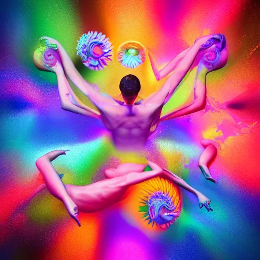 Prompt: the disease of psychedelic and synthetic metamorphosis, when dichotomies break down and opposites dance in a party of surreal cosmic beings, vibrant full color cinematic octane render