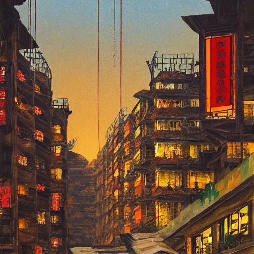 Image similar to Hopper painting of Kowloon Walled City at dusk, looking down canyon-like alley with 5 floors of ramshackle apartments and business on all sides, to the right some light is coming from a ground-floor cafe, where people are drinking tea and talking