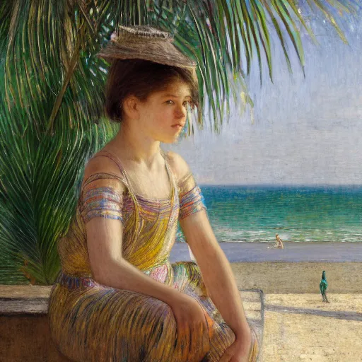 Image similar to a ultradetailed beautiful painting of a girl in the amazonas palace balustrade designed by jules bastien - lepage, hans belmer, frank weston and gustave baumann, beach, trending on artstation, mediterranean, palm trees, refracted color sparkles, sharp focus, soft light, 8 k 4 k