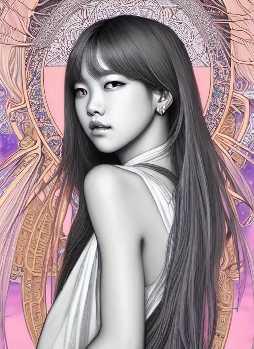 Image similar to lalisa manoban of blackpink, goddess of the moon, tarot card, highly detailed, digital painting, smooth, sharp focus, illustration, ultra realistic, 8 k, art by artgerm and alphonse mucha