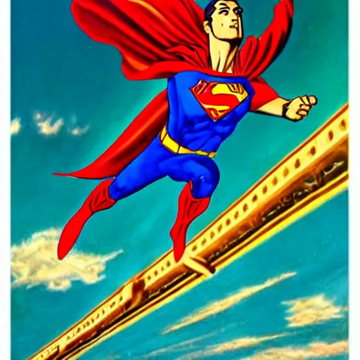 Image similar to robert mueller flying through the sky like superman, art deco painting by lisa frank