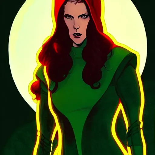 Image similar to Rafeal Albuquerque comic art, Joshua Middleton comic art, cinematics lighting, beautiful Anna Kendrick supervillain, green dress with a black hood, angry, symmetrical face, Symmetrical eyes, full body, flying in the air, night time, red mood in background