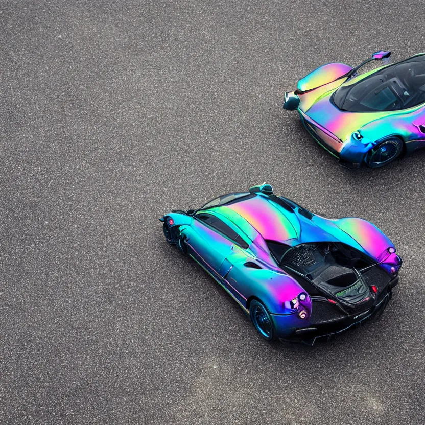 Image similar to close - up of an iridescent rainbow pagani huayra in an empty parking lot, after crashing crumpled body, smoke, melted plastic, puddles of fluid, 4 k, highly detailed, award winning, look at all that detail!