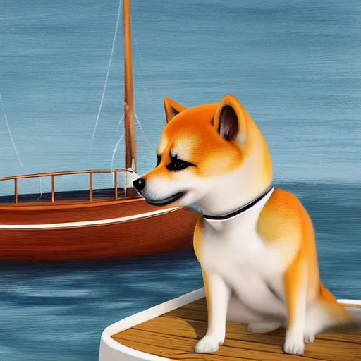 Image similar to a cute shiba inu whith a sailor hat steering a boat, endless sea, digital painting, 4 k, realistic