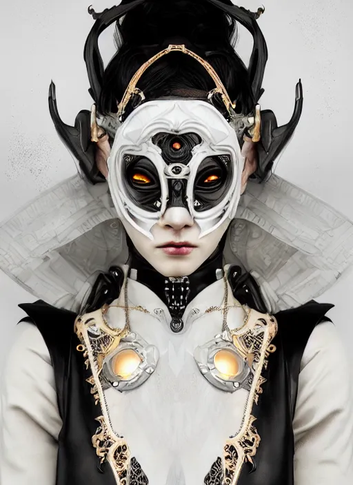 Prompt: a cyborg with mask, black leather garment with art nouveau ivory accessories, white intricate lace and jewels, ominous, ethereal, misty, diffused lighting, cyberpunk, darksynth, luxury, concept art by zeen chin, extremely detailed, artstation, alphonse mucha, ruan jia, 8 k, unreal engine 5