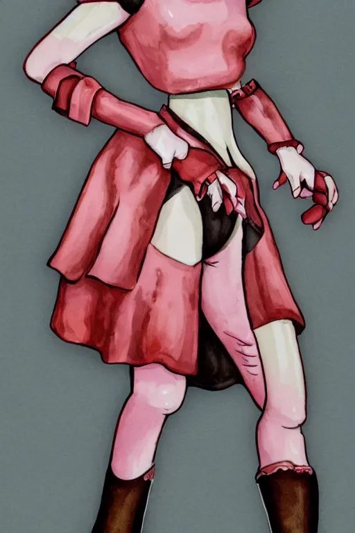 Prompt: a Marvelous Designer render of a 1998 fashion illustration of a Dutch milkmaid costume with a cowbell choker and exposed midriff. silicone prosthetic cow udder fx makeup on midriff. drag queen, campy. Cow Costume with Udders, comical. Cloven Hoof High-Heeled Boots. Puff sleeves, ruched bodice.