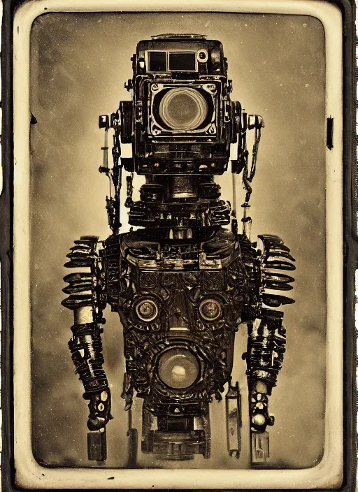 Prompt: old wetplate daguerreotype portrait of futuristic robot, explosion of data fragments, fractal, intricate, elegant, highly detailed, parallax, leica, medium format, subsurface scattering, by jheronimus bosch and greg rutkowski and louis jacques mande daguerre