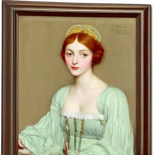 Image similar to a portrait of a young woman by Frank Cadogan Cowper, graceful gaze, victorian style, backdrop of a decorated french interior aristocratic room with golden decorations