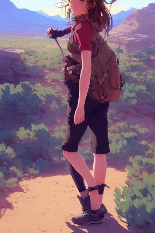 Prompt: a girl hiking in the desert, full shot, fine - face, realistic shaded perfect anatomy, fine details. night setting. very anime style. realistic shaded lighting poster by ilya kuvshinov katsuhiro, magali villeneuve, artgerm, jeremy lipkin and michael garmash, rob rey and kentaro miura style, trending on art station