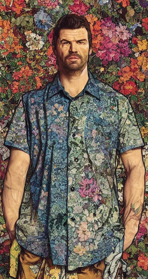 Image similar to close up of max payne floral shirt in a bar, sun shining, photo realistic illustration by greg rutkowski, thomas kindkade, alphonse mucha, loish, norman rockwell.