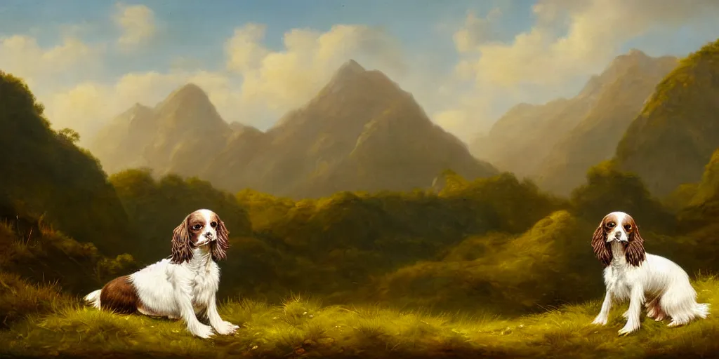 Prompt: painting of a brown and white sprocker spaniel in a lush expanse, mountains in the background, france , fine art, classical art, prestigious, brush marks