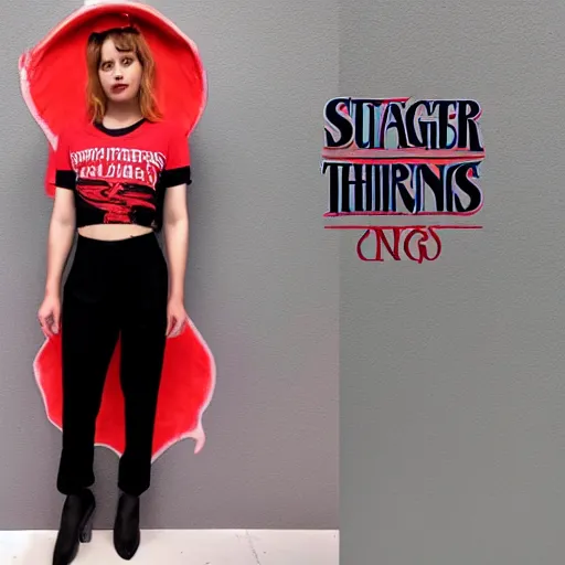 Prompt: full body painting of the stranger things logo on a beautiful fashion model