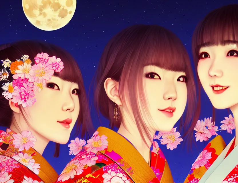 Image similar to two beautiful charming japan girls wear arty kimono in festival | | sunny night, full moon, dreamlike art, realistic shaded, smile, good looking, hyper details, 4 k realistic, cryengine, realistic shaded lighting poster by ilya kuvshinov, fuji choko, ross tran, 8 k resolution, trending on artstation, luxury