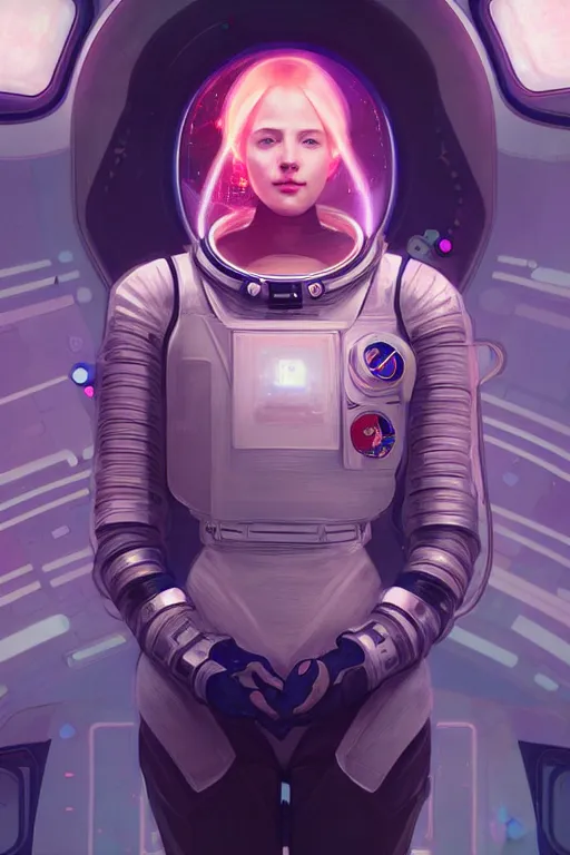 Prompt: portrait armored astronaut girl, inside spaceship command room viewing galaxy, ssci-fi neon light effect flushing and fantasy, intricate and very very beautiful and elegant, highly detailed, digital painting, artstation, concept art, smooth and sharp focus, illustration, art by tian zi and WLOP and alphonse mucha