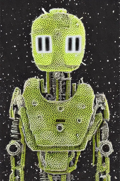 Prompt: a portrait of a robot!! insect creature made from snow! and soil and light, high detail, fluo details, muted colors, pointillism, harsh light