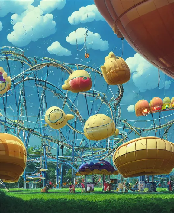 Prompt: a puffy inflated amusement park made out of fat seamless alien creatures, in the style of an aerodynamic obese robot, overgrown with thick orchids, partly cloudy, moody, dramatic lighting, by dan mumford, yusuke murata, makoto shinkai, ross tran, cinematic, unreal engine, cel shaded, featured on artstation, pixiv