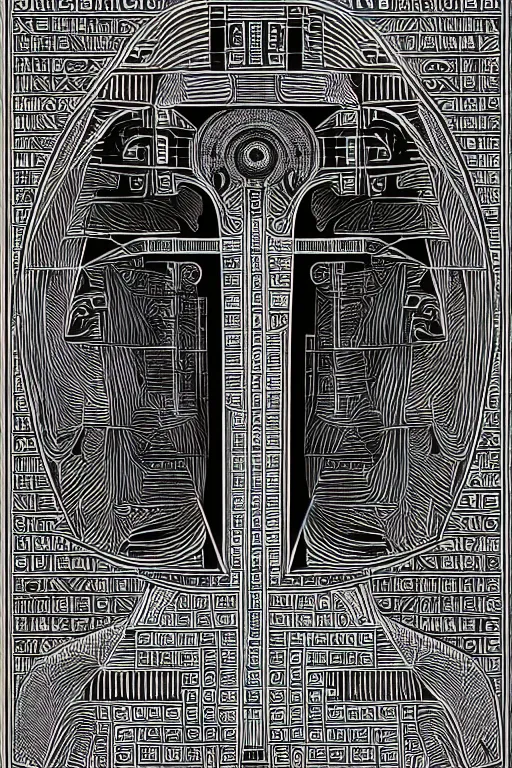 Image similar to full page technical drawing technocore mind meld evil, god symmetric, Hieroglyphic Occult, esoterism, wide angle, super highly detailed, professional digital painting, artstation, concept art, smooth, sharp focus, no blur, no dof, extreme illustration, Unreal Engine 5, Photorealism, HD quality, 8k resolution, cinema 4d, 3D, beautiful, cinematic, art by artgerm and greg rutkowski and alphonse mucha and loish and WLOP