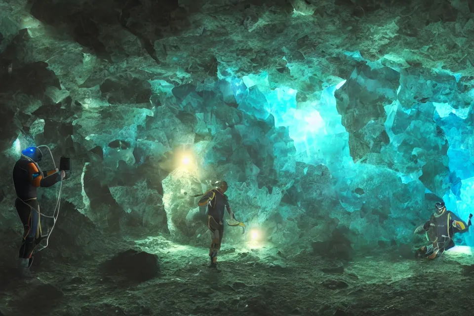 Prompt: divers with headtorch exploring a mystical crystal cave, realistic, octane render