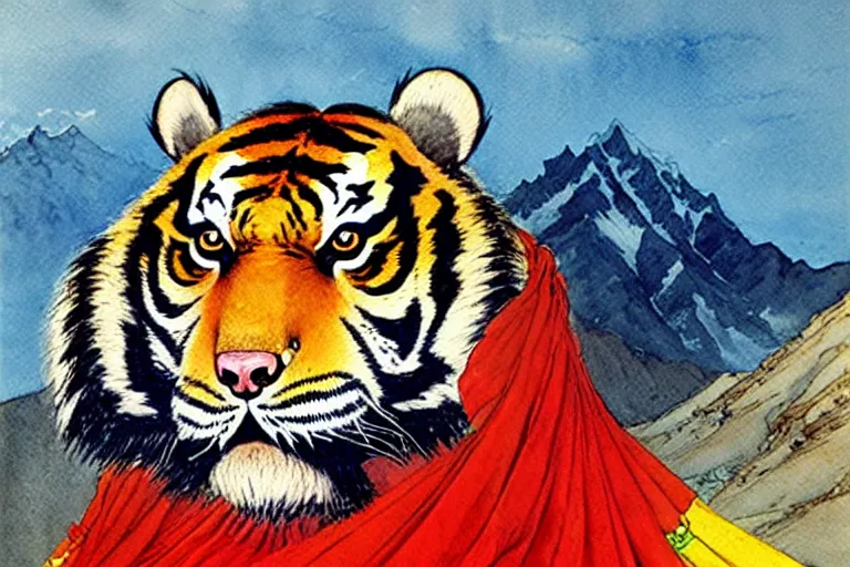 Prompt: a hyperrealist watercolour character concept art portrait of tibetan style tiger in the himalayans. prayer flags adorned. neon flowers. by rebecca guay, michael kaluta, charles vess and jean moebius giraud