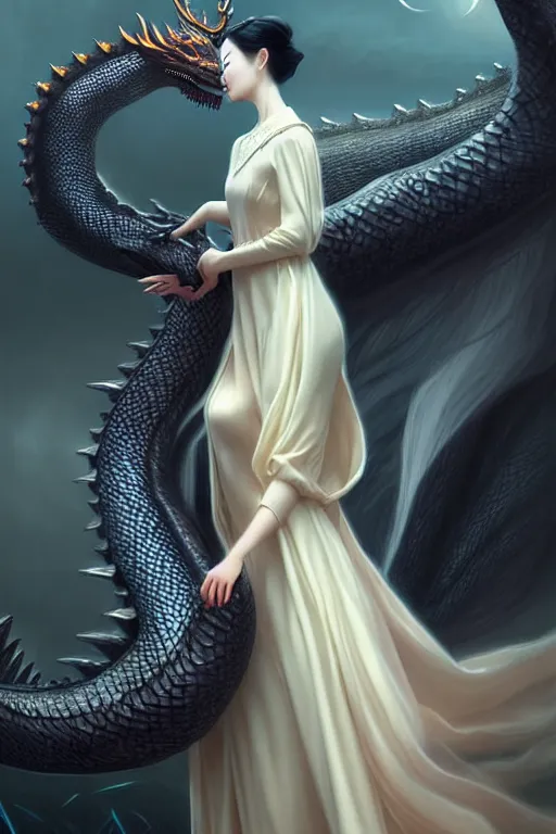 Prompt: chinese princess in a long silk dress, pale, beautiful symmetric face, kissing a black giant dragon, fantasy art, highly detailed art, cinematic atmosphere, volumetric lighting, glow, trending on artstation, by wlop, by le vuong, by tom bagshaw