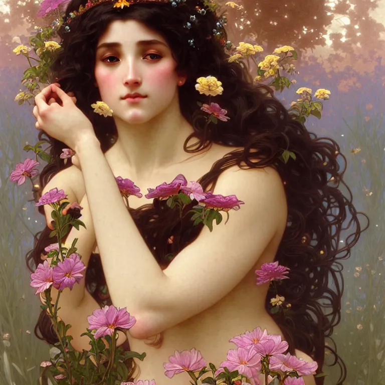 Image similar to a wonderful goddess with a body of beautiful flowers, intricate, elegant, highly detailed, wonderful eyes, cute, digital painting, artstation, concept art, smooth, clear focus, illustration, art by artgerm and greg rutkowski, alphonse mucha and william - adolphe bouguereau