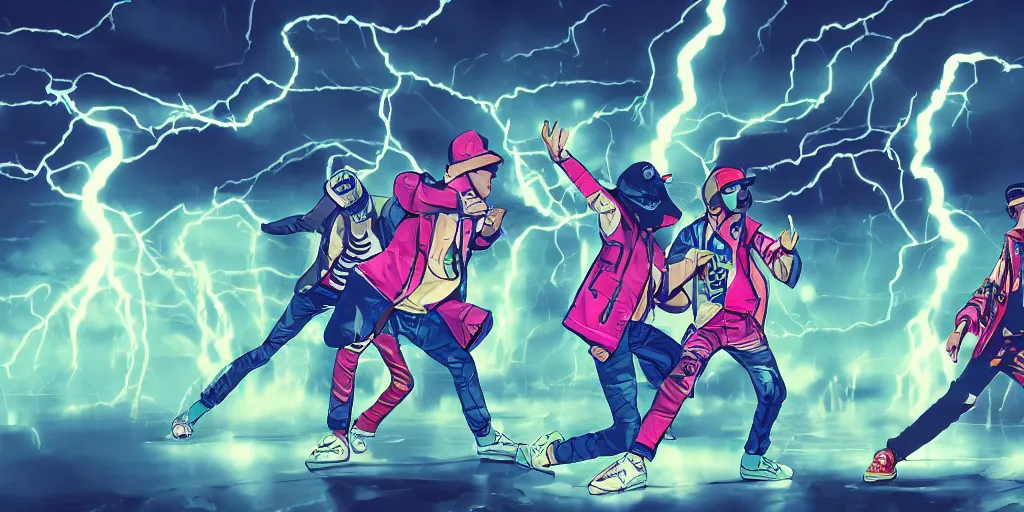 Image similar to Lightning rap battle, digital art, vapor wave, hip hop, graffiti, trending on Artstation, professional artist, detailed, 4k