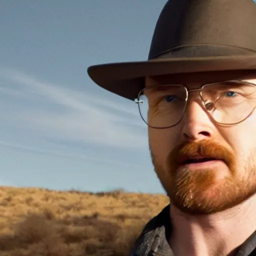 Image similar to Live Action Still of Aaron Paul dressed as Walter White, real life, hyperrealistic, ultra realistic, realistic, highly detailed, epic, HD quality, 8k resolution, body and headshot, film still