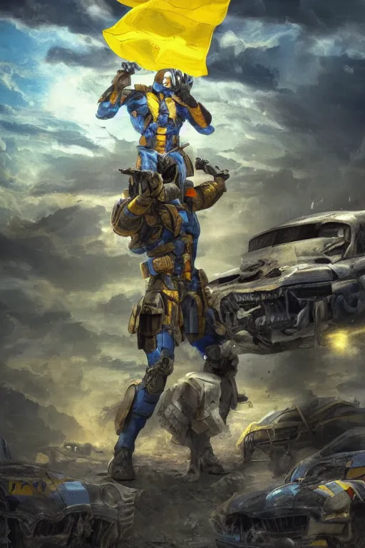 Image similar to a full body shot from distance of a super soldier with a Ukrainian blue and yellow stripes flag standing in the beam of light from the clouds on a pile of skulls and rotten cars as a winner, masculine figure, D&D, fantasy, intricate, elegant, highly detailed, digital painting, artstation, concept art, matte, sharp focus, symmetrical, illustration, hyperrealistic, art by Artgerm and Greg Rutkowski and Alphonse Mucha