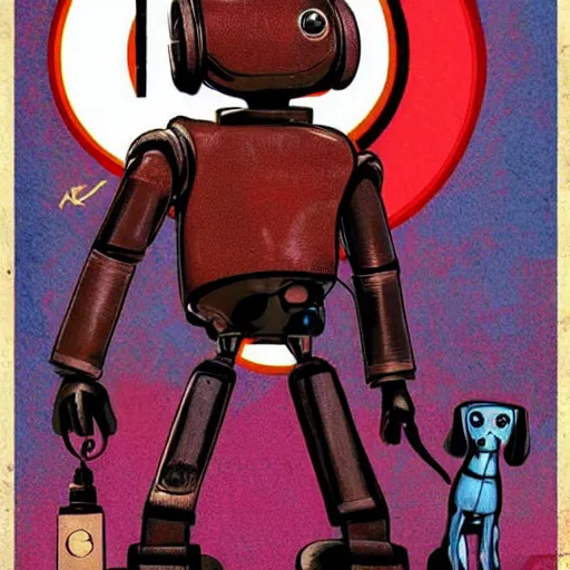 Prompt: Sergio Bleda and Jérémy Petiqueux and Alex Maleev artwork of a retro robot dog shaped like k9 from doctor who