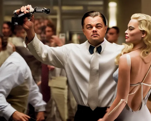 Image similar to leonardo dicaprio as the wolf of wall street next to beautiful margot robbie as naomi from the wolf of wall street, hyper realistic faces, cinematic, long shot, hyper detailed, 8 5 mm photograph, 8 k resolution, film still, sharp lens, wide lens