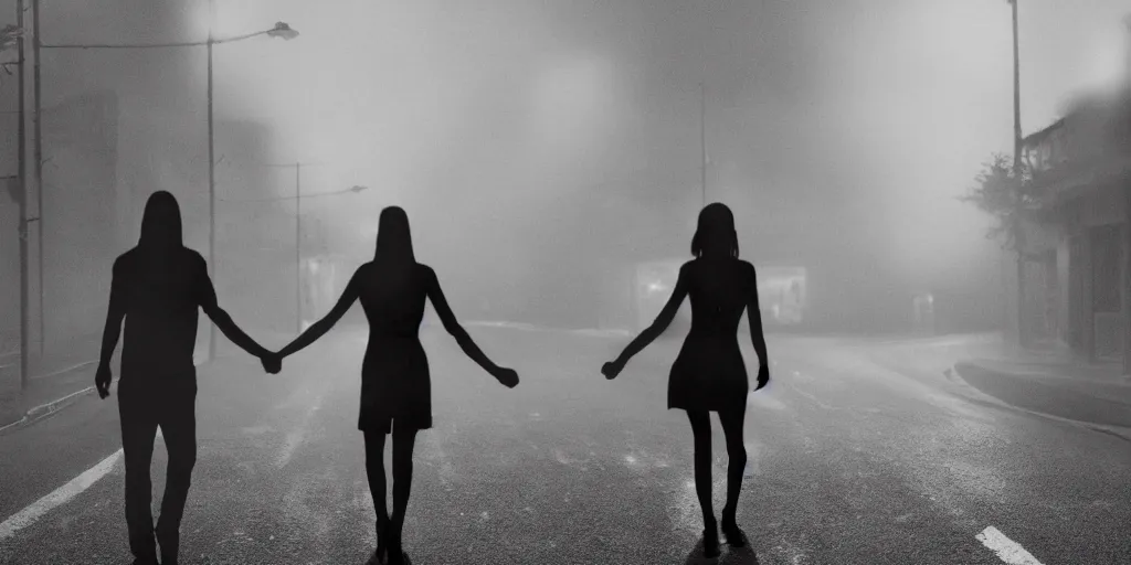 Image similar to A demon and a woman holding hands standing in the middle of the street at night, horror, horror photography, cinematic, cinematic lighting, volumetric lighting, atmospheric, octane render, unreal engine, HD, phot, realistic, photo realistic, hyper realistic, hyper realism, photo by Gregory Crewdson, film by Gregory Crewdson